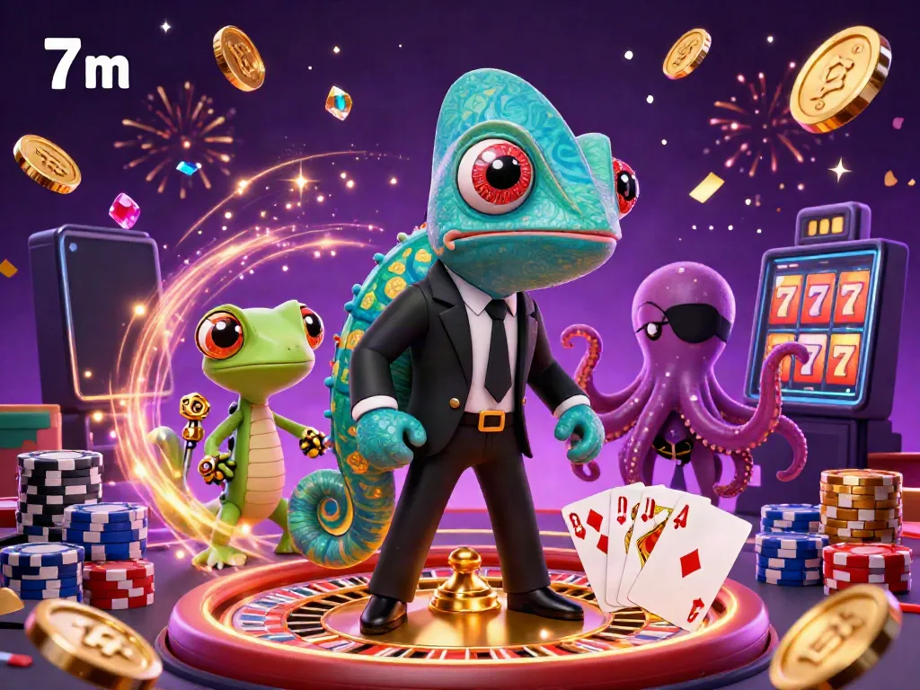 Engage in the thrilling world of 7 m casino games featuring a chameleon agent and vibrant casino elements.