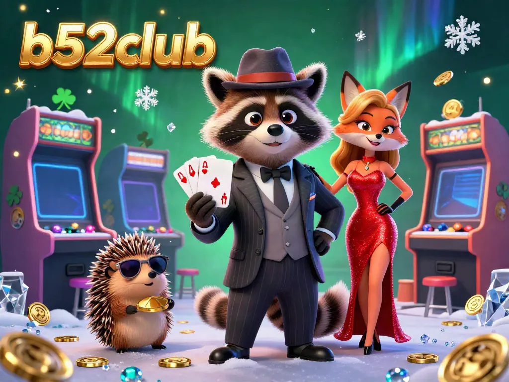 Experience the thrill of b52club with this dynamic casino scene featuring a suave raccoon, glamorous fox, and vigilant hedgehog in action.