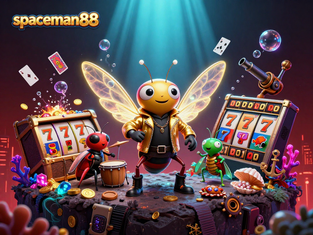 Spaceman88 inspires jackpots with a dynamic 3D casino-themed illustration featuring vibrant slot visuals.