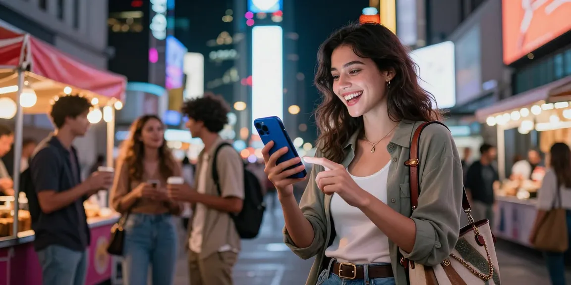 Engaging conversation with an AI girlfriend on a smartphone in a vibrant urban nightlife setting.