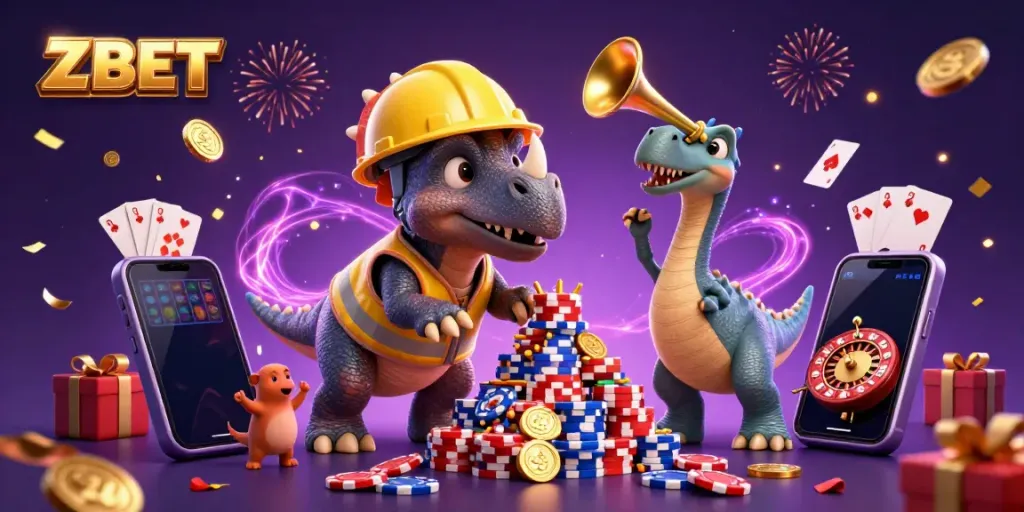 ZBET celebrates with colorful slot games in a vibrant scene featuring a triceratops and friends.