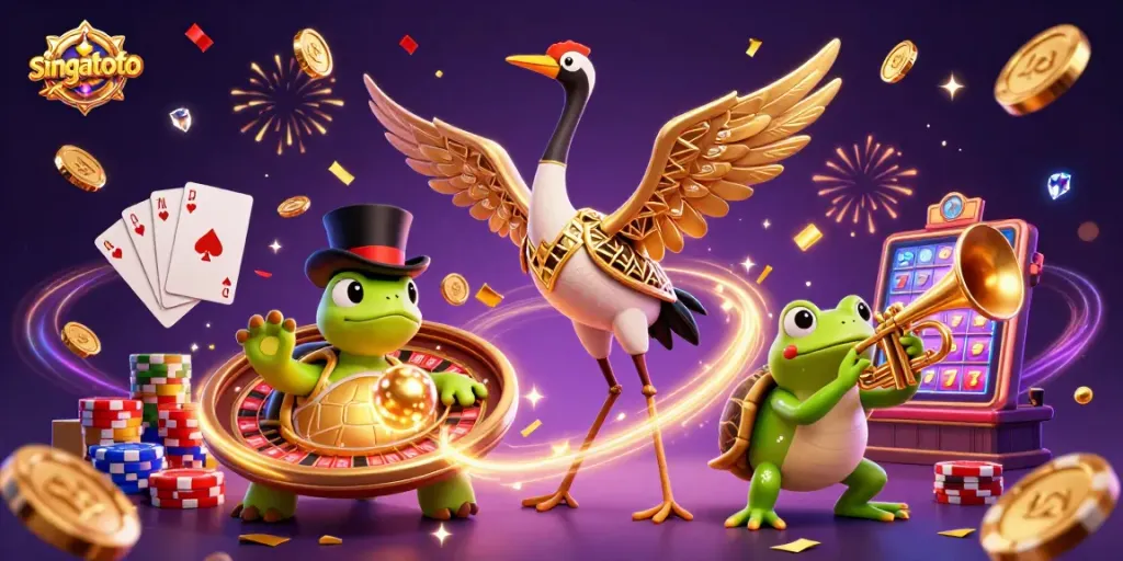 Experience excitement at singatoto with vibrant casino chaos, featuring a fun 3D illustration of lively characters.