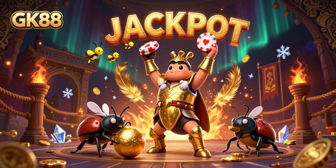 GK88 showcases a victorious beetle amidst a dynamic casino scene filled with gold and excitement.