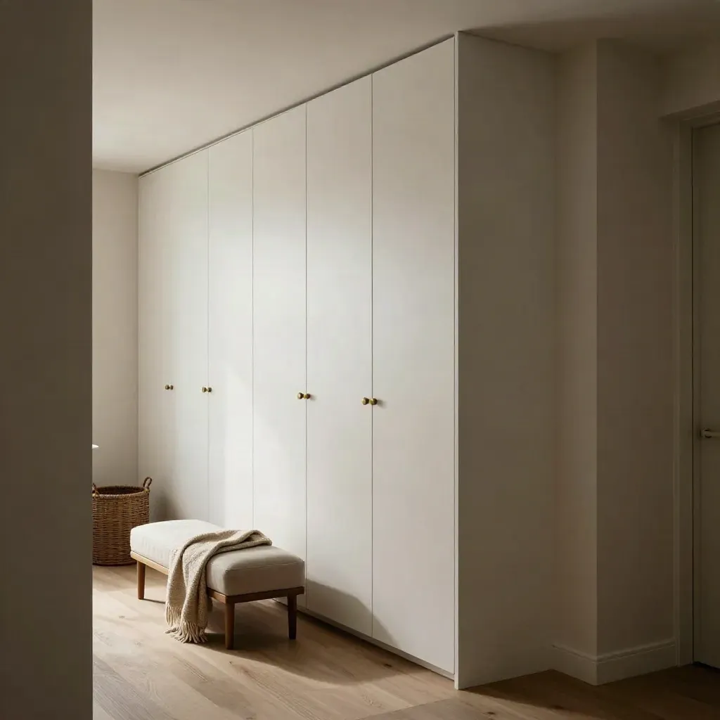 Flush built-in closet in a bedroom alcove with pale doors, bench, basket, and soft daylight.