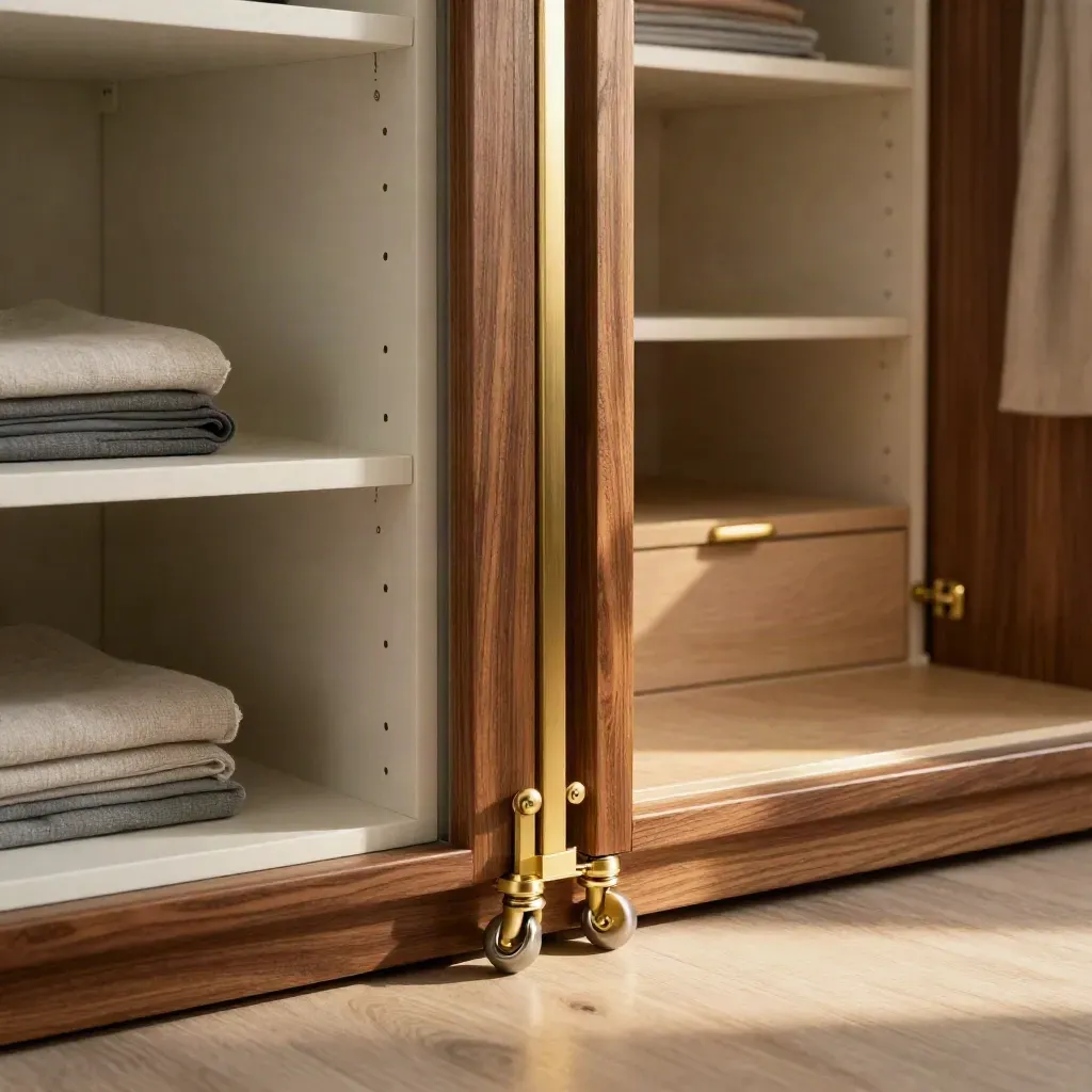 Walnut sliding wardrobe gliding open to matte-white shelves, brass track and linen in a warm bedroom.