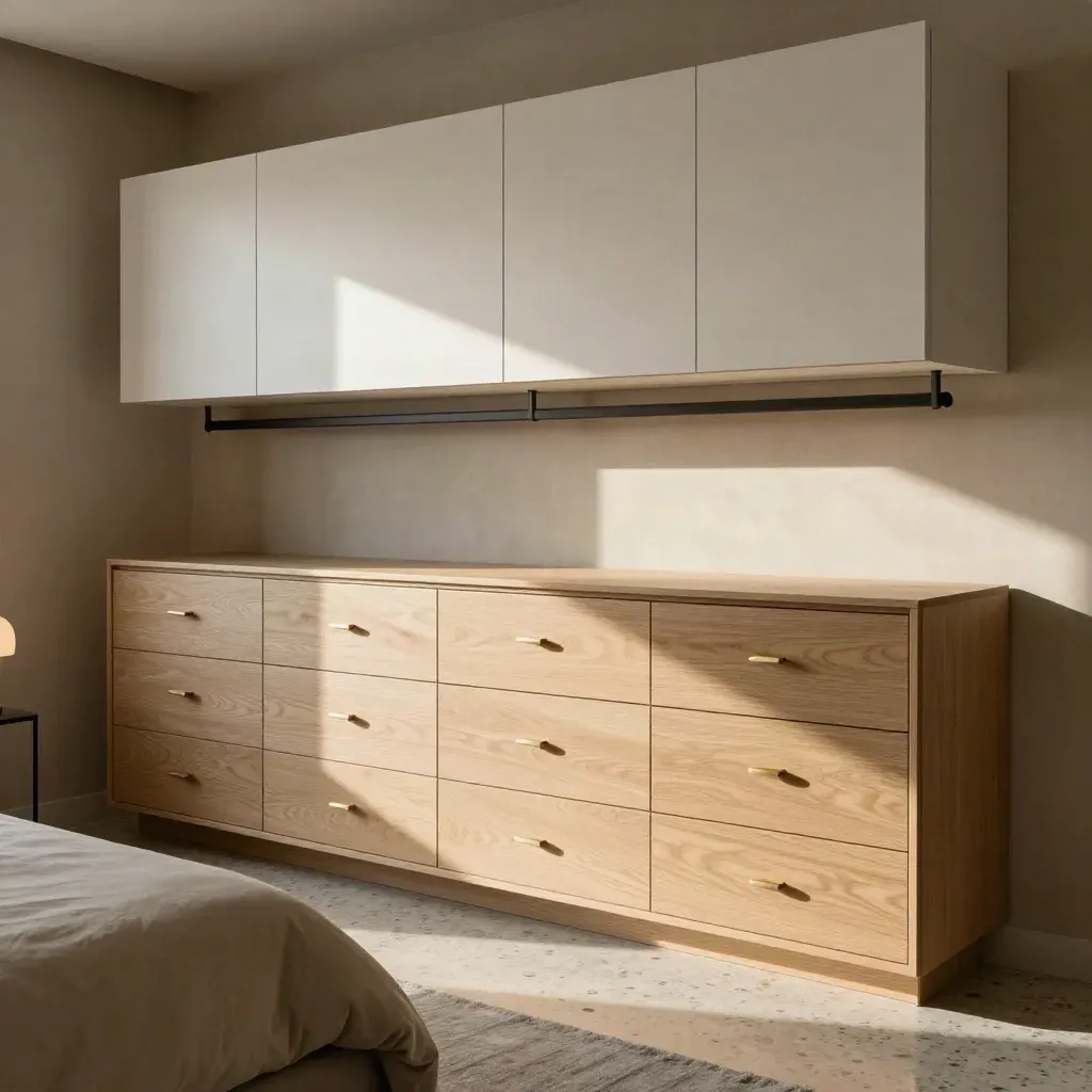 Wall-wide bedroom storage wall with drawers, hanging rail, top cabinets, and linen bed edge in warm afternoon light.