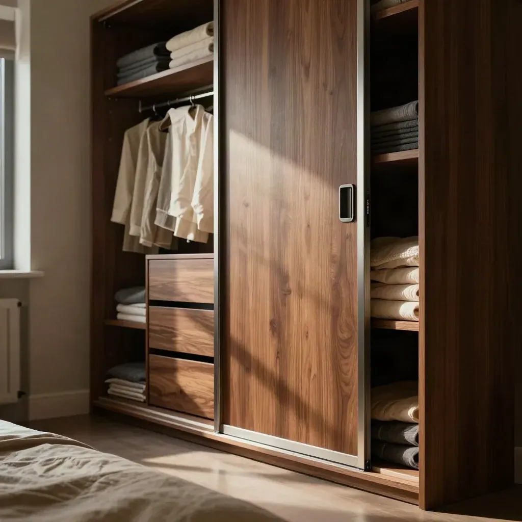 Walnut sliding wardrobe half-open in a warm bedroom, neatly organised inside, low hero view.