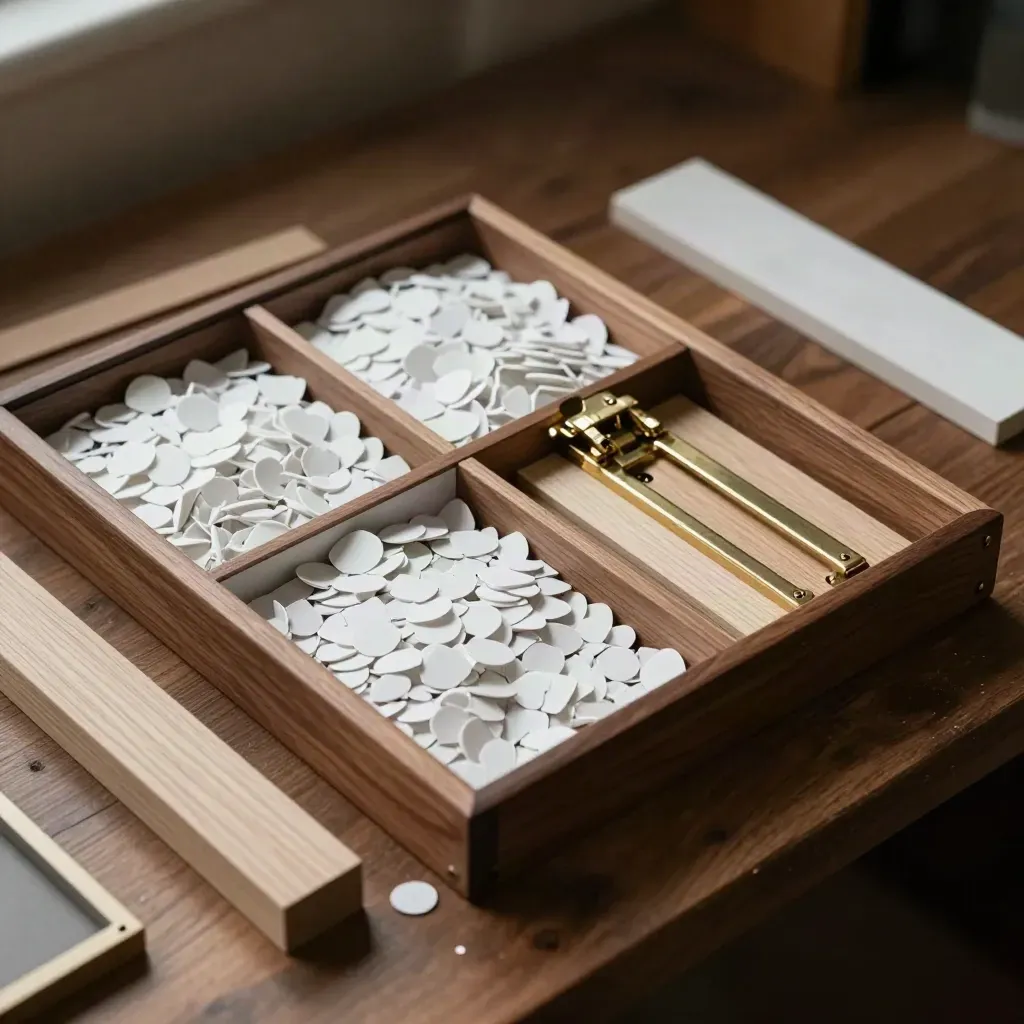 Overhead wardrobe planning layout with walnut, matte-white and brass samples on a workbench.