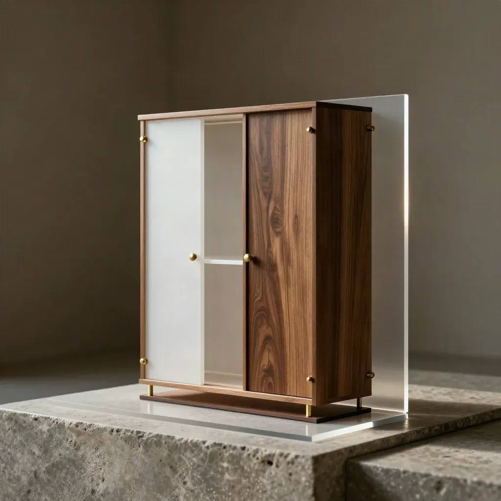 Translucent 3D wardrobe mockup on stone plinth with walnut and brass details