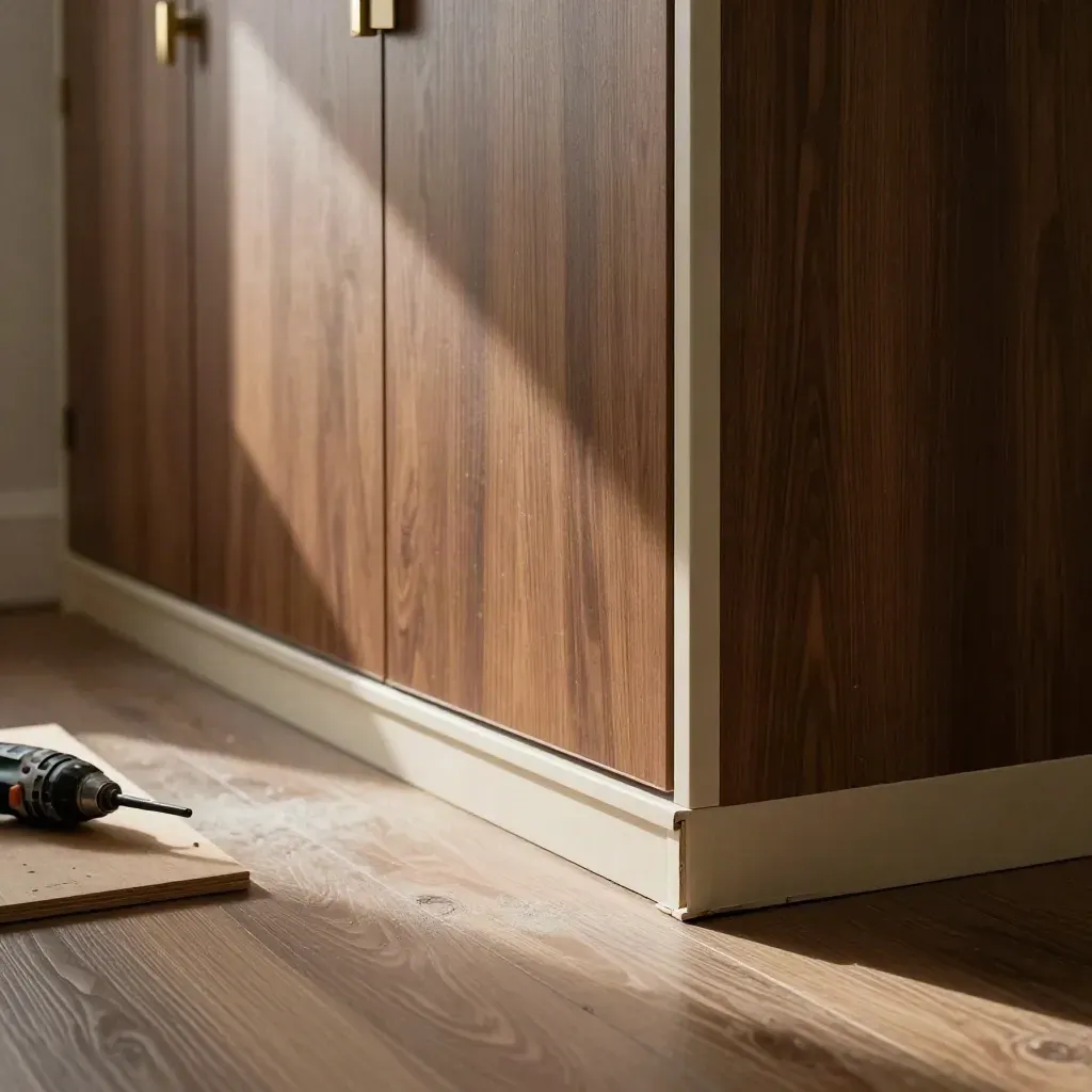 Freshly installed wardrobe corner with trim strips, filler panels, and a drill in warm window light.
