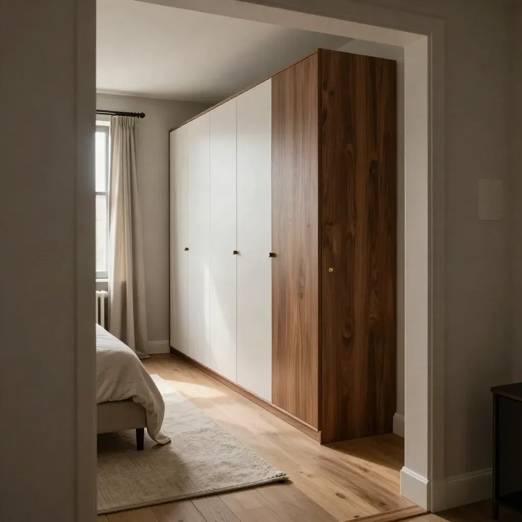 Narrow bedroom with full-height walnut wardrobe, closed shoe storage, and a wider walking lane.