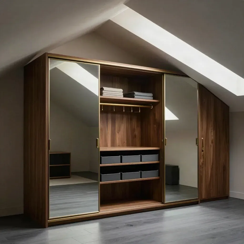 Loft wardrobe with walnut doors, mirrored panels and bright internal storage under a sloped ceiling.