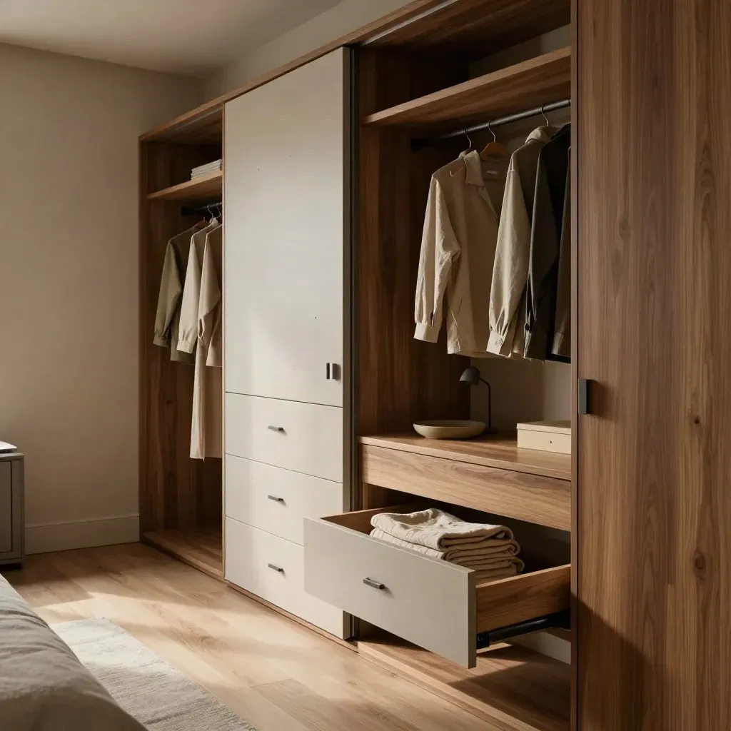 Warm dressing room with built-in wardrobes, open drawer of folded linen, and a compact desk nook.