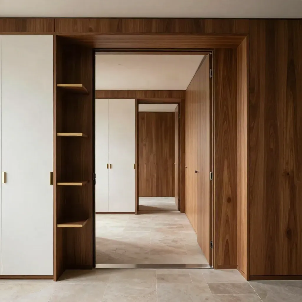Three-room apartment fit-out seen through aligned doorways, walnut and matte-white wardrobes.