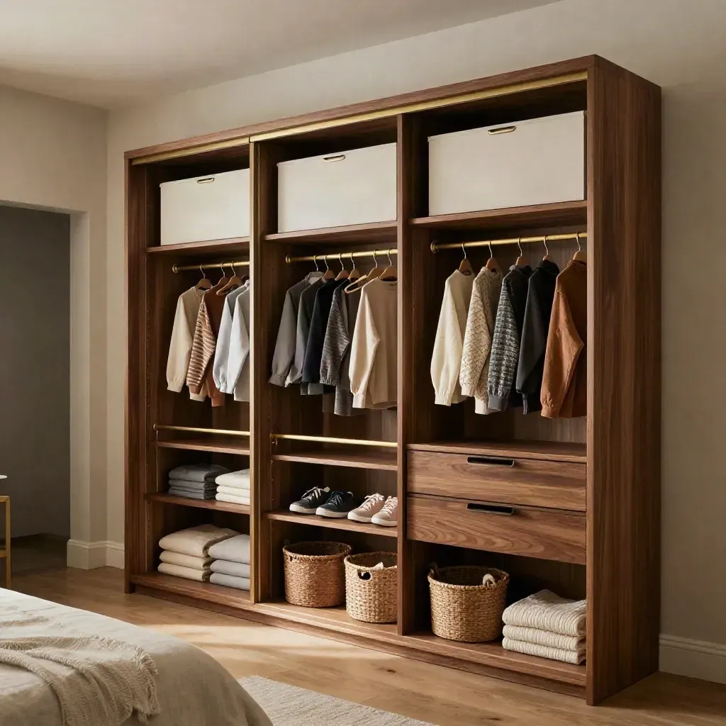 Open walnut family wardrobe with orderly hanging zones, baskets, kids’ shoes and top cabinets.