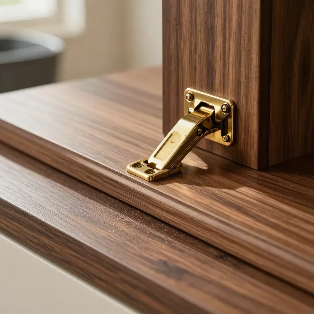 Extreme macro of walnut veneer offcuts, brass hinge and edge-banding sample on a timber worktop.