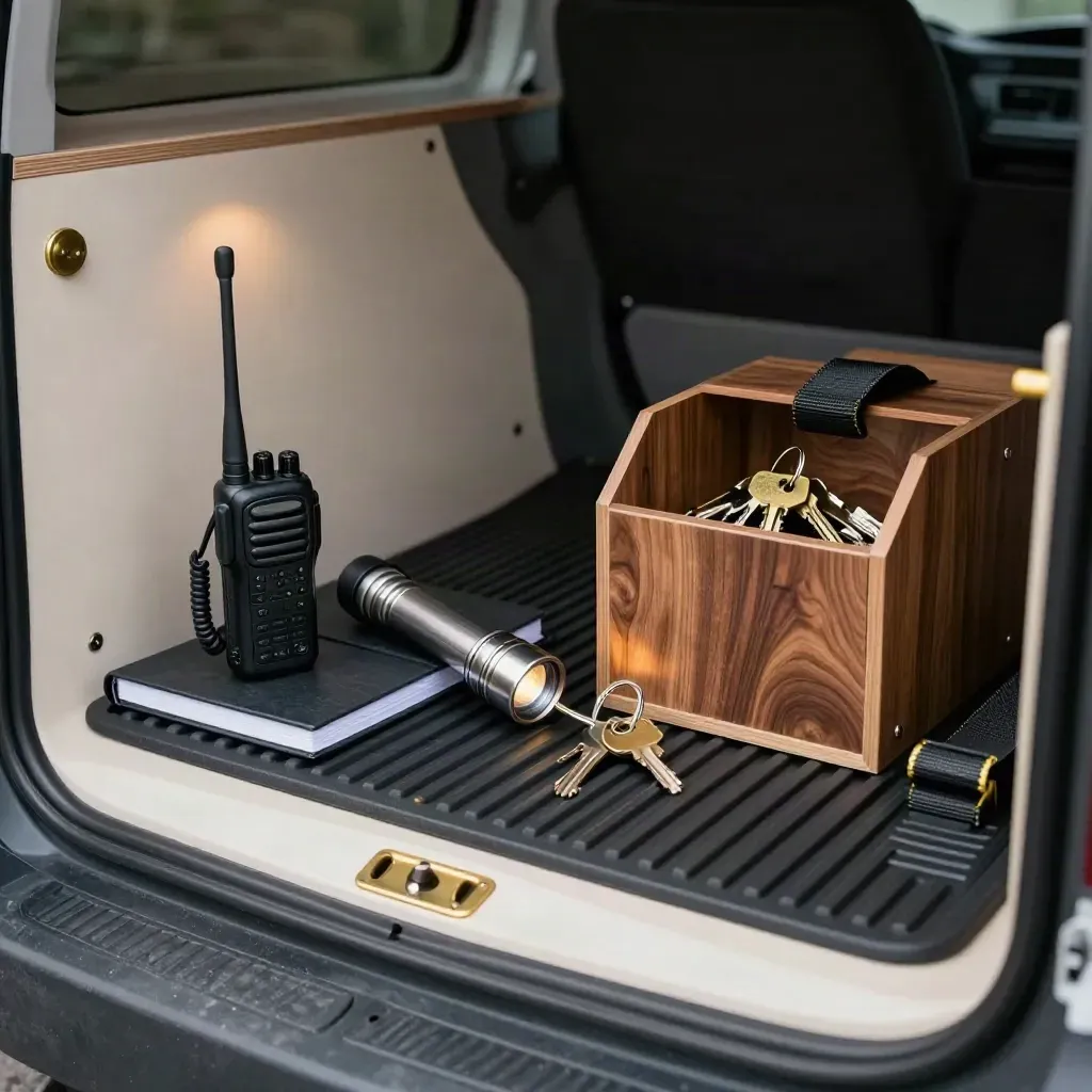 Low van-cubby still life of install gear: radio, notebook, torch and keys ready for dispatch.