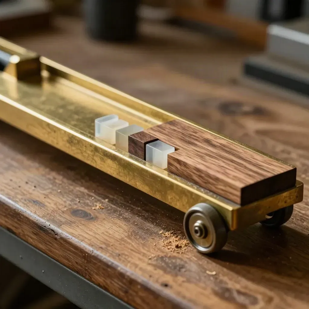 Brass track, roller carriage, walnut filler offcut and spacer blocks on a dusty fit-out bench.