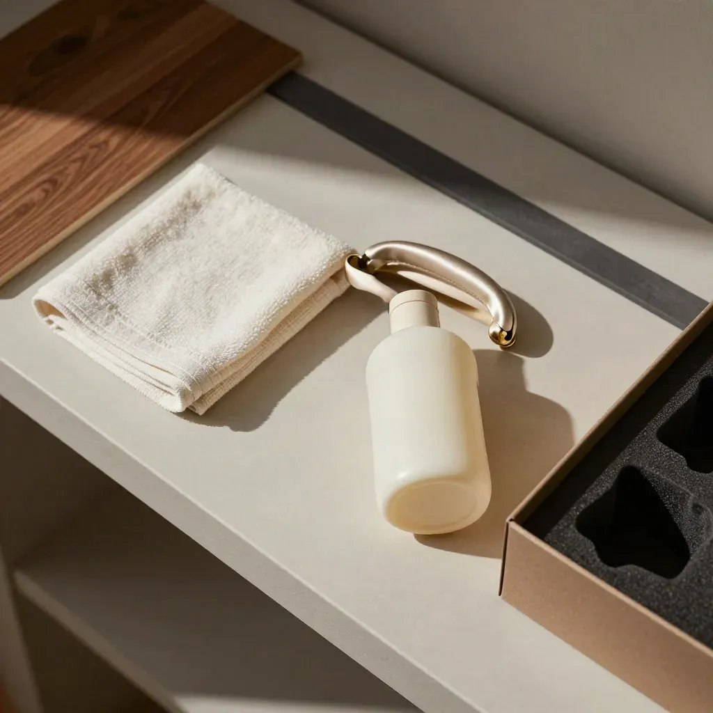 Overhead wardrobe handover kit with cloth, cream bottle, spare handle, and open presentation box.