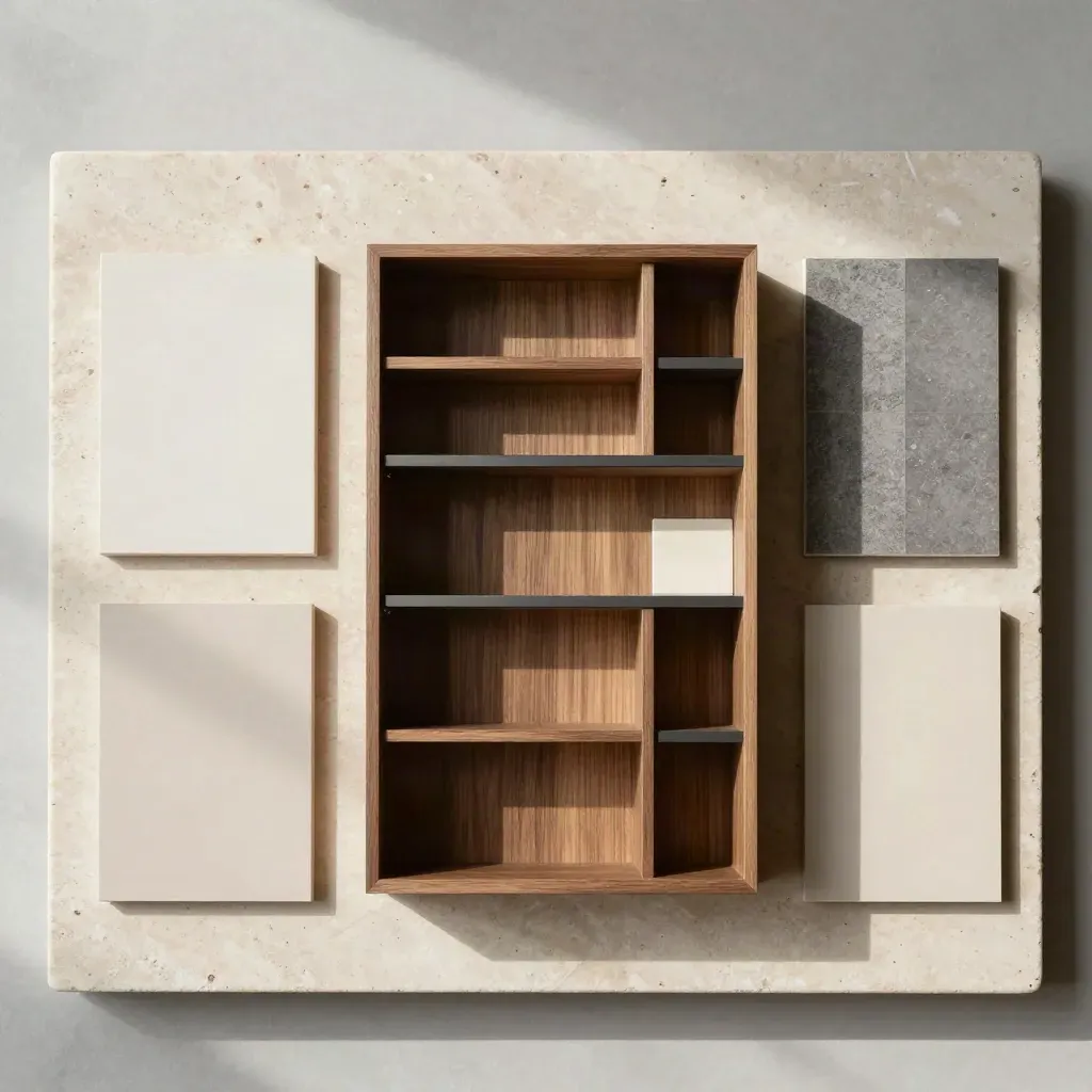Overhead flatlay of wardrobe layout blocks, walnut swatches and white zone chips on stone.