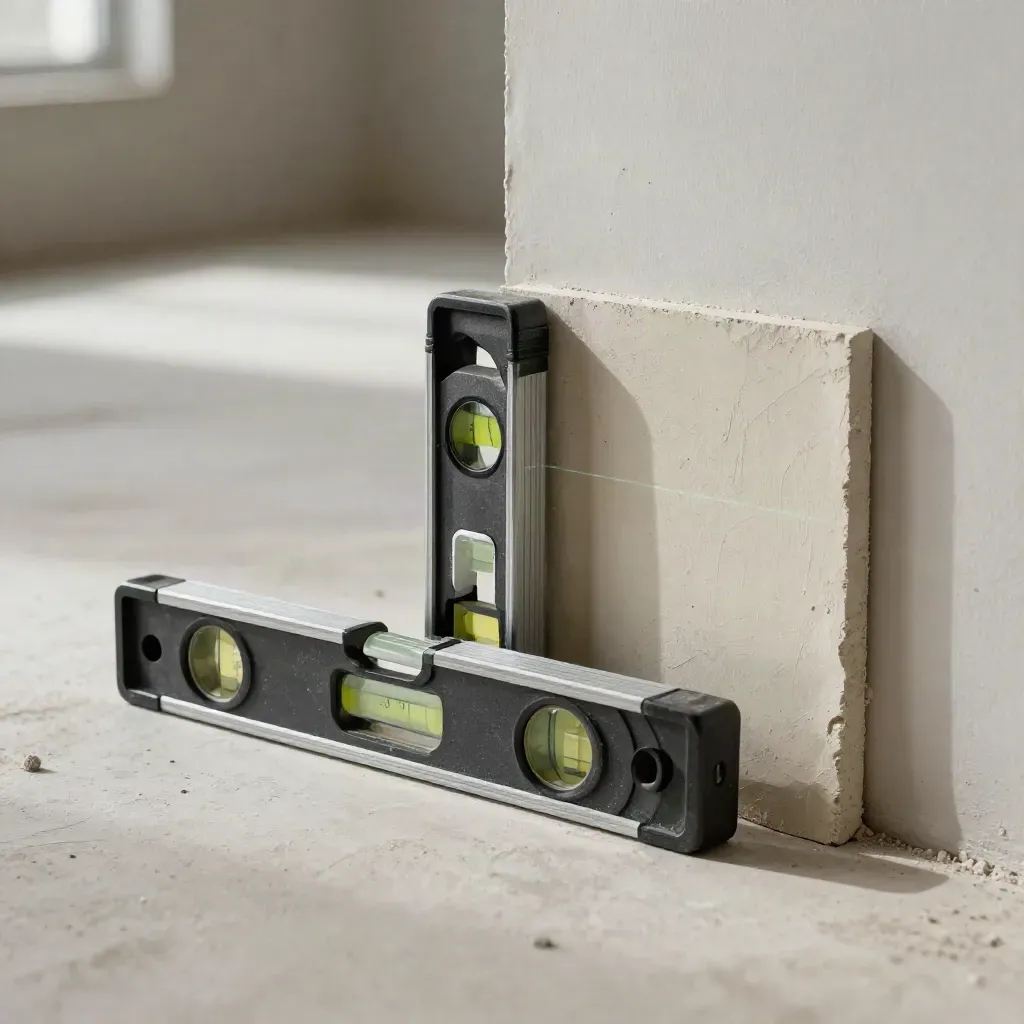 Laser level, spirit level, and skirting sample on plaster with a faint beam