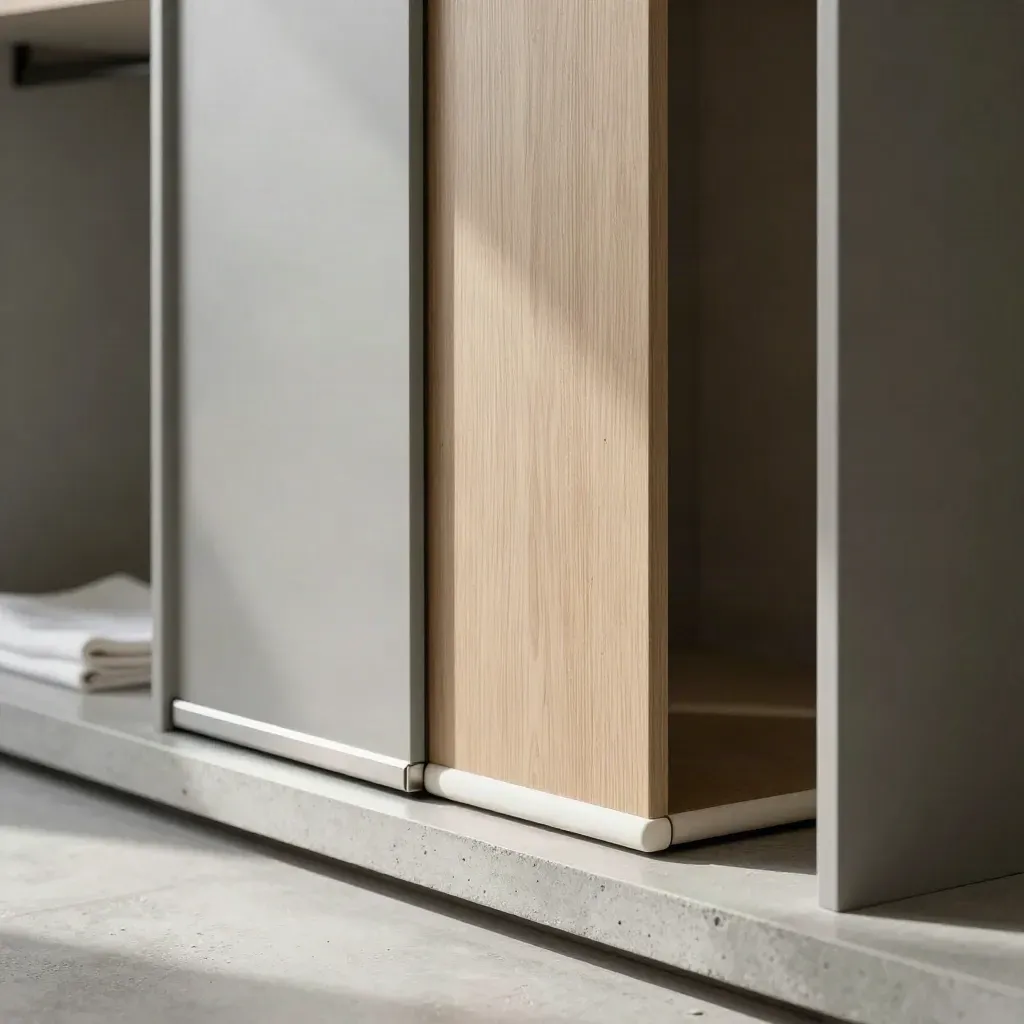 Sliding-door sample, bumper, and end cap on a concrete shelf with soft haze.