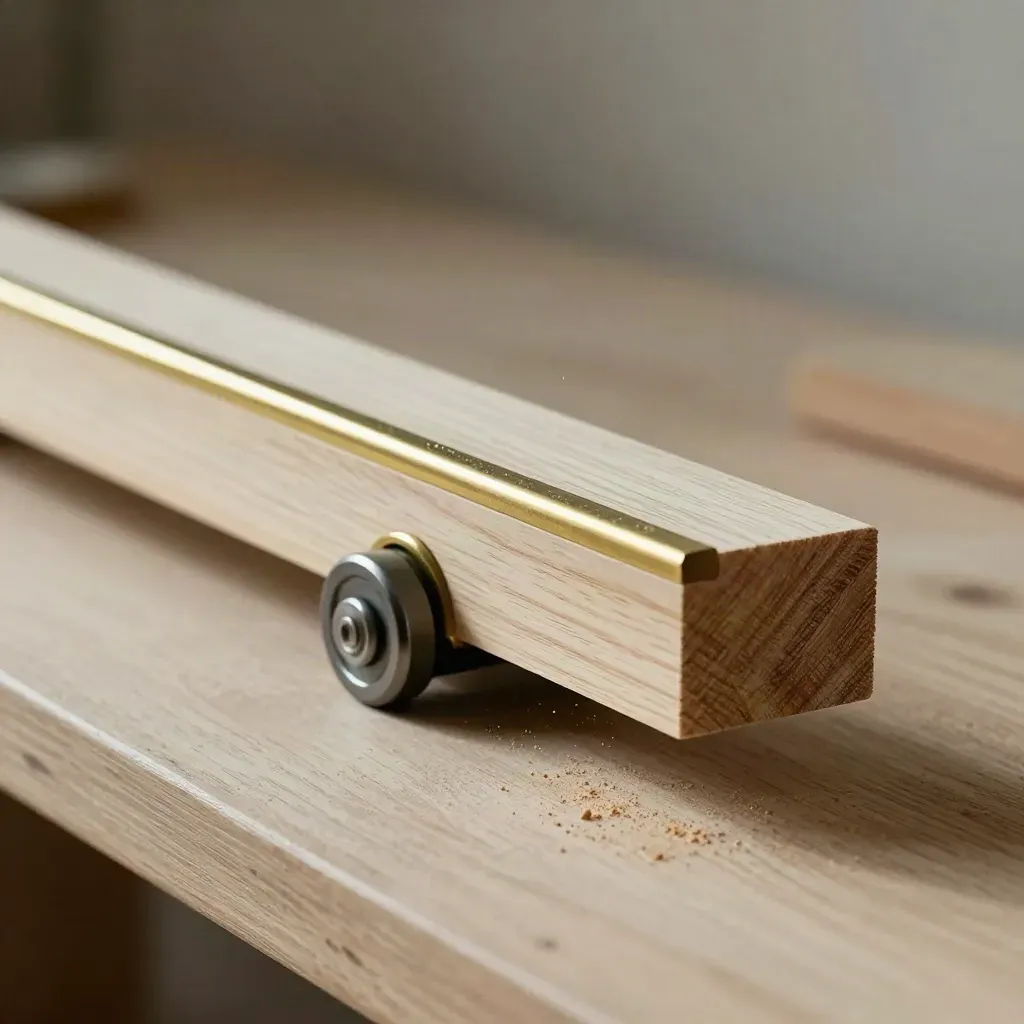 Brass track rail, roller carriage, and carcass offcut arranged on a pale ash workbench.