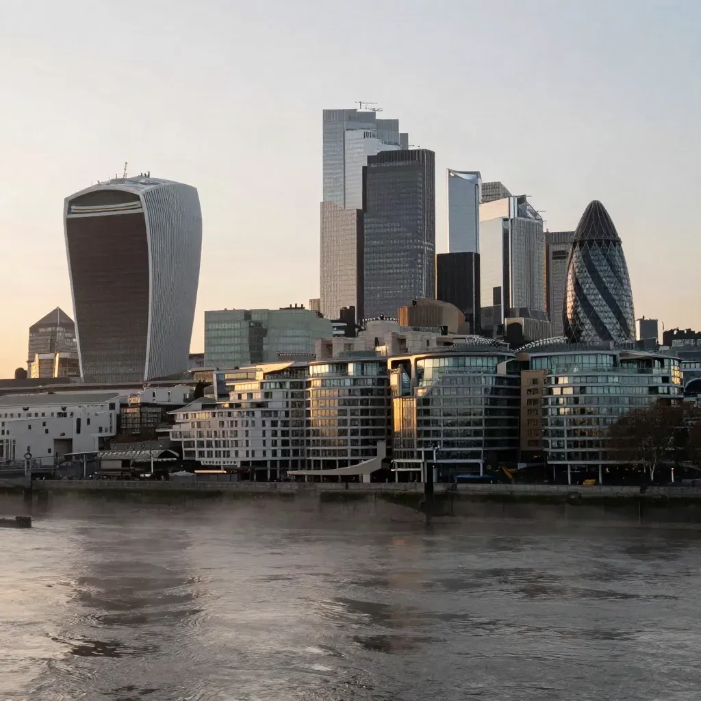 Greater London skyline and Canary Wharf above the Thames in sunrise mist