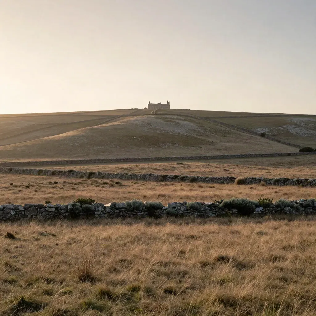Hazy Surrey chalk downs with hedgerows and a pale manor roofline under warm evening light.