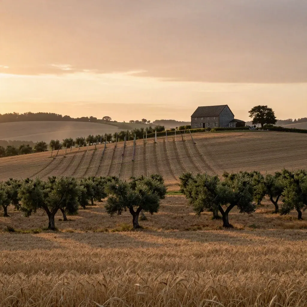Kent hop fields and an oast house at golden hour with open haze-filled fields for copy