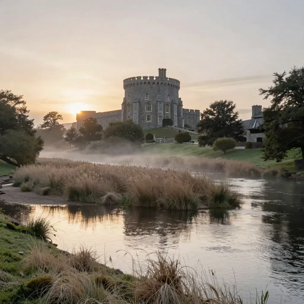 Berkshire meadows with Windsor Castle silhouette above a calm river at dusk.
