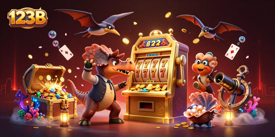 Experience thrilling jackpots at 123B with the pachycephalosaurus headbutting a golden slot machine.