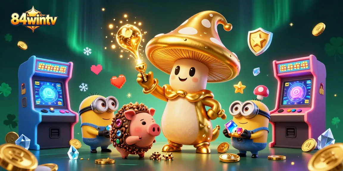 Experience the magic of 84wintv with a golden mushroom wizard, treasure, and arcade game excitement in this rich illustration.