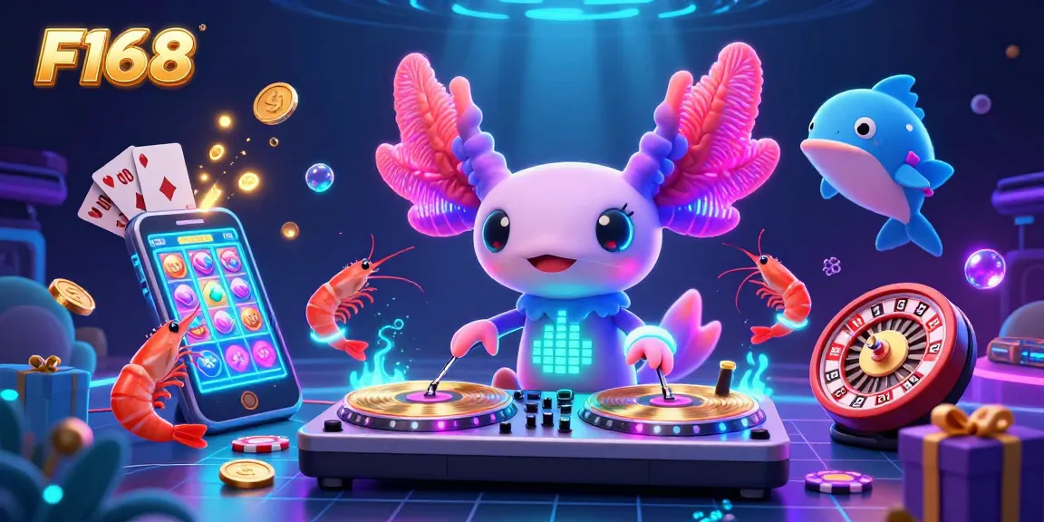 Engage with the vibrant F168 casino gaming scene featuring an axolotl DJ and dynamic game elements.
