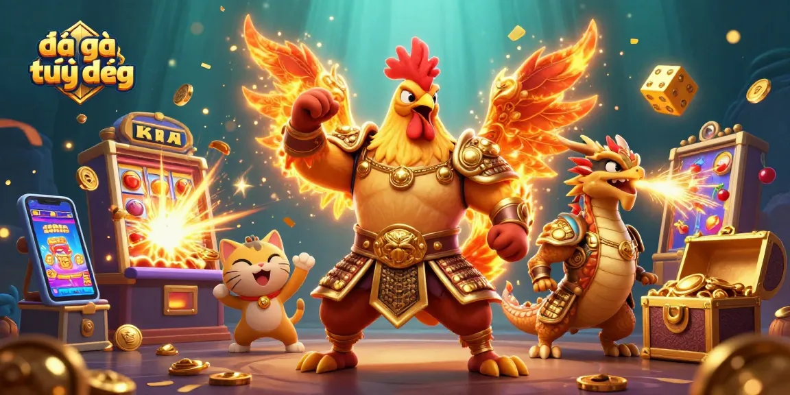 Engage with đá gà trực tiếp in stunning 3D, featuring a heroic rooster and dragon amidst vibrant casino elements.