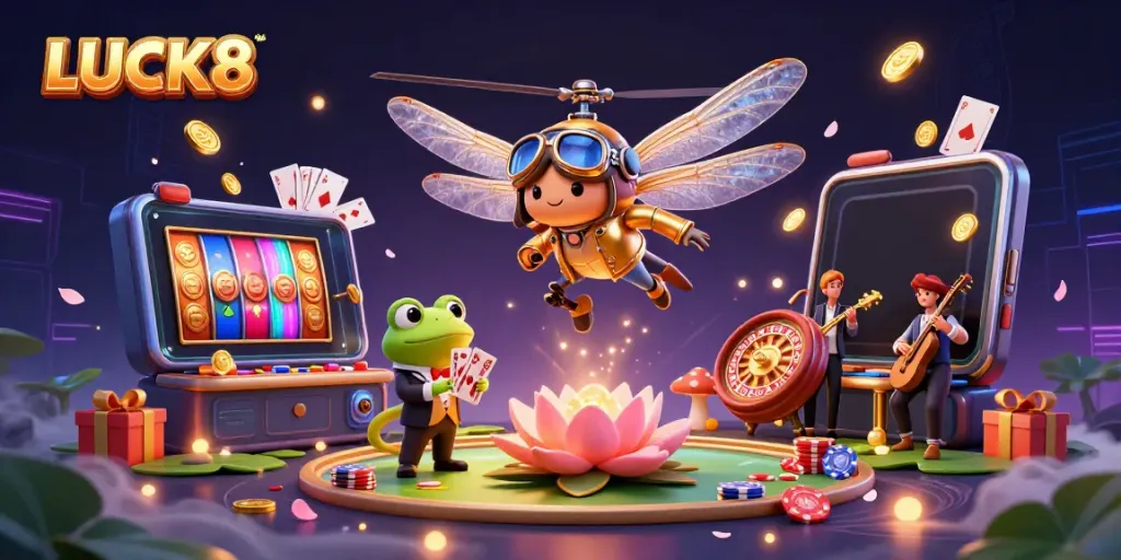Experience LUCK8's vibrant casino scene with a dragonfly pilot and frog dealer in action.
