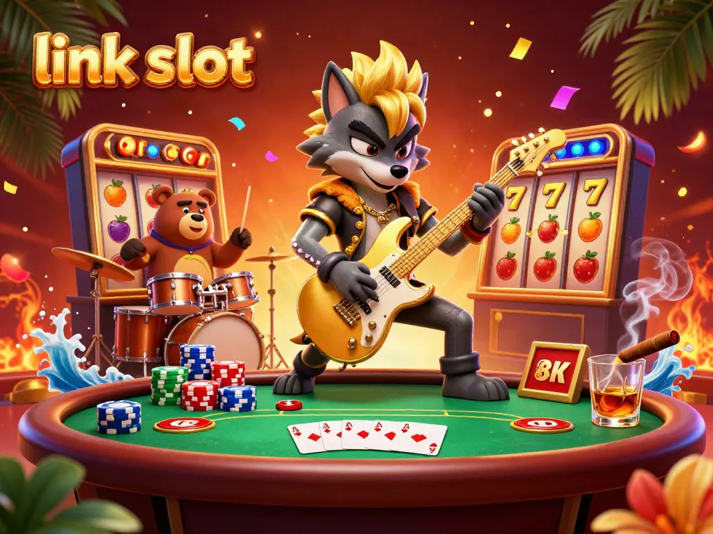 Experience excitement with the vibrant link slot scene featuring a rock star wolf and drummer bear amidst dynamic slot game elements.