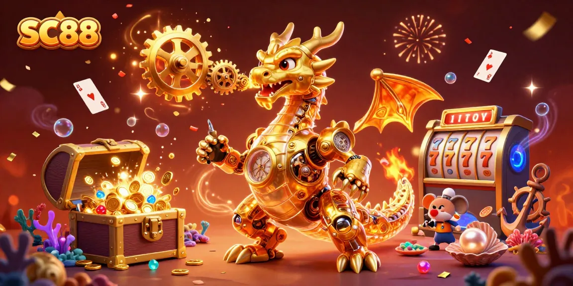 Experience thrilling gameplay at SC88 with a golden dragon, spinning slot reels, and scattered gems!