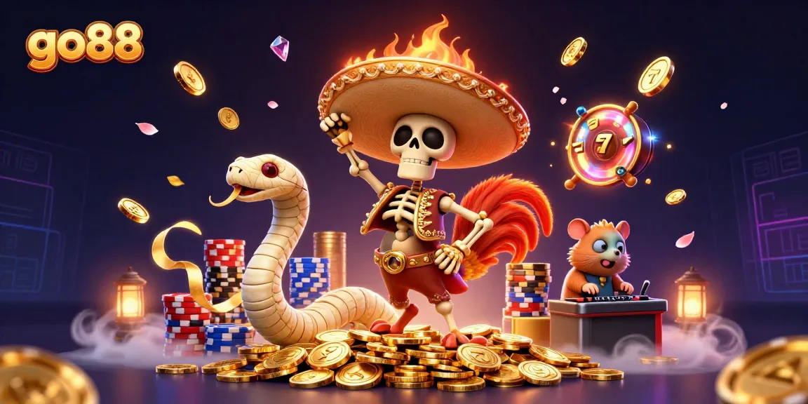 Spin the reels with go88 featuring fun characters and vibrant casino elements in this lively scene