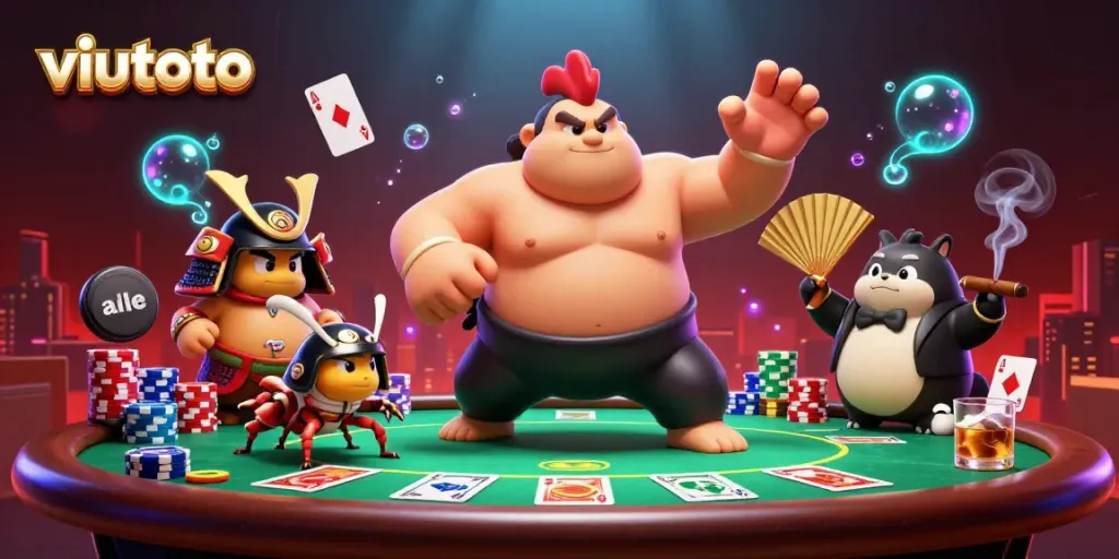 Menggambarkan aksi viutoto dengan ayam sumo besar dan katak bertarung di arena judi.
