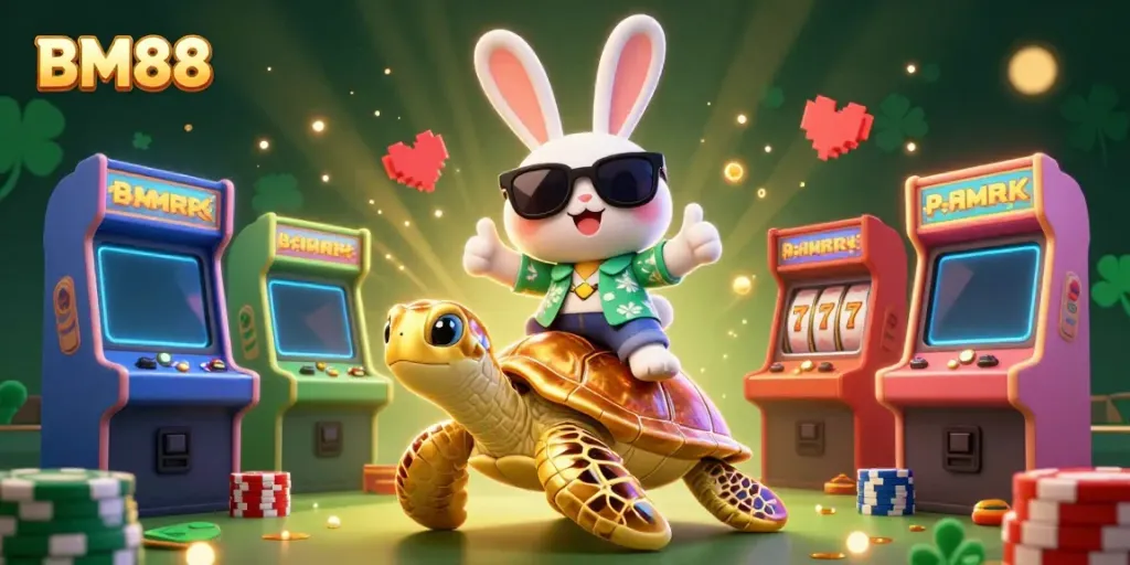 Exciting casino scene featuring BM88 with a lucky rabbit and golden turtle amidst game elements.