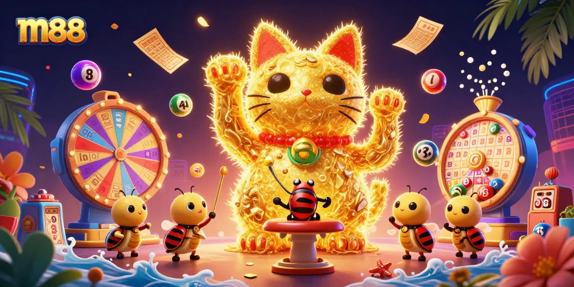 Experience winning with m88, where a lucky cat and vibrant lottery elements create excitement.