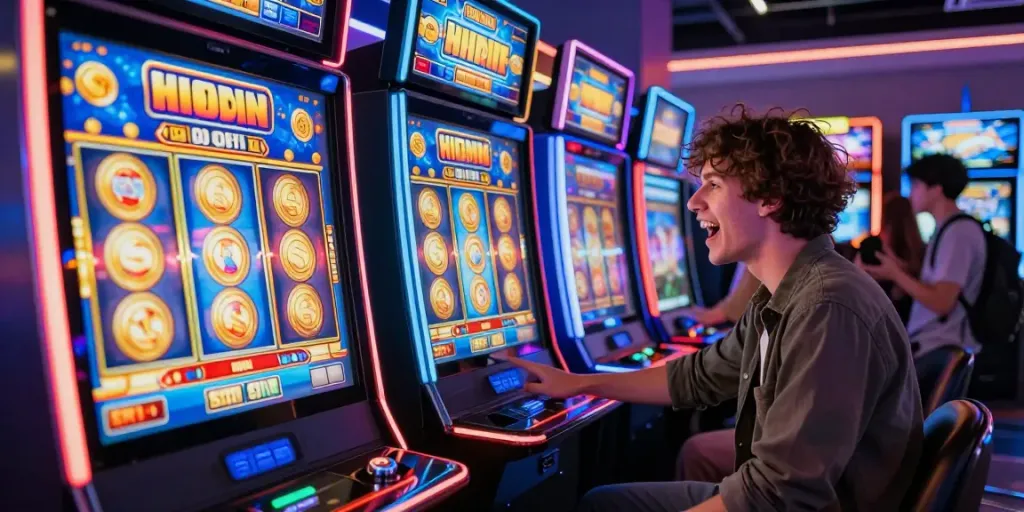 Pemain bersemangat bermain slot777 di mesin slot dengan jackpot berwarna-warni.