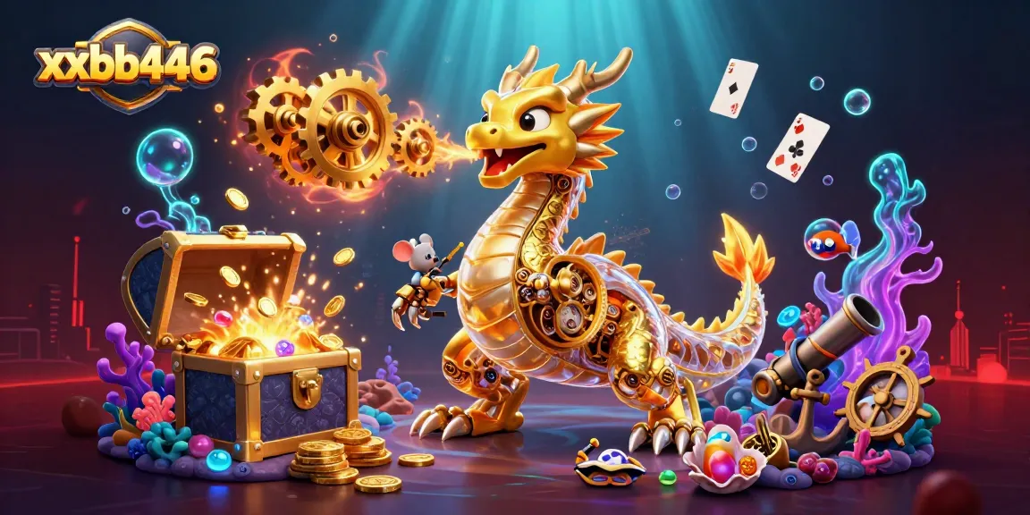 Experience the thrilling realm of xxbb446 with a golden dragon amidst soaring treasures and dynamic gaming elements.