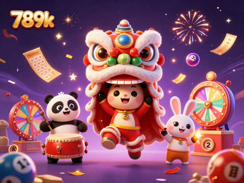 Play exciting lottery games with 789k featuring a lively celebration scene full of winning elements.