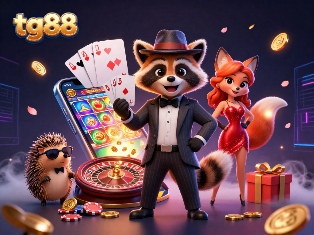 Engage in thrilling gaming action at tg88 with a raccoon, fox, and hedgehog amid vibrant casino elements.
