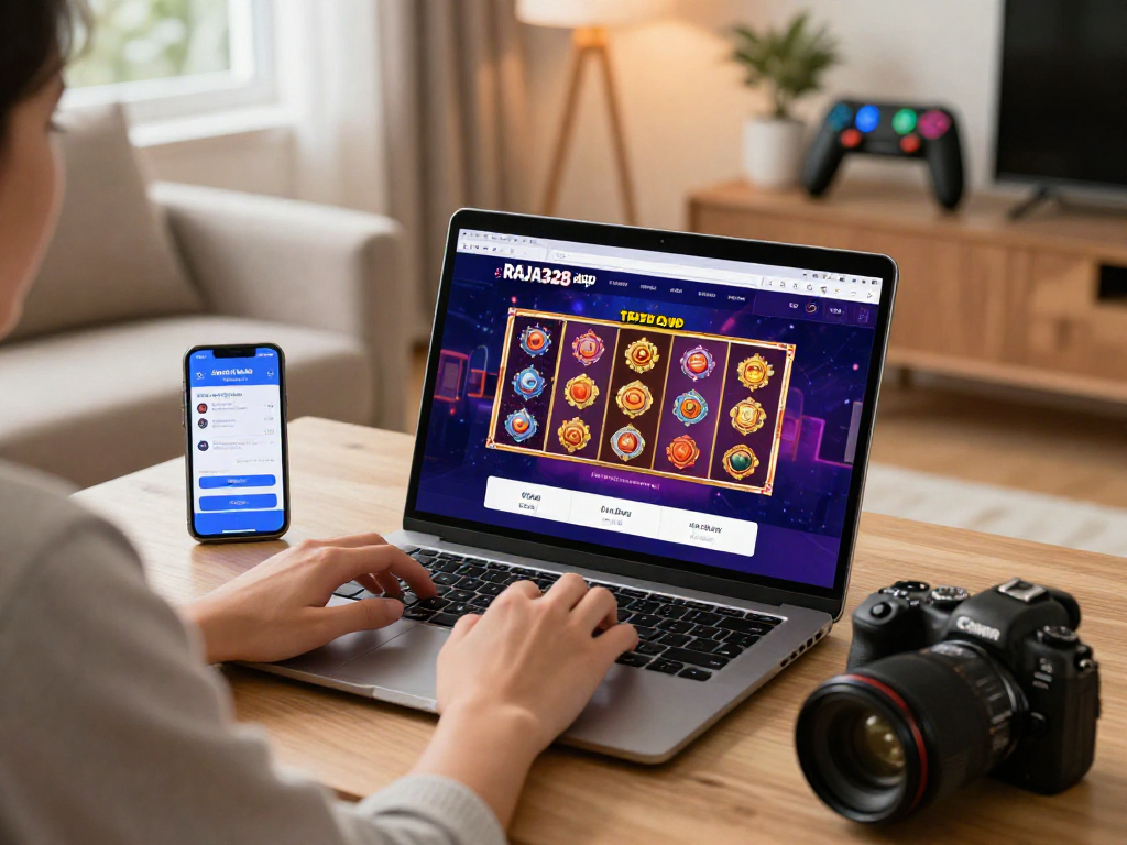 User accessing RAJA328 apk for online gambling in a cozy home setup.
