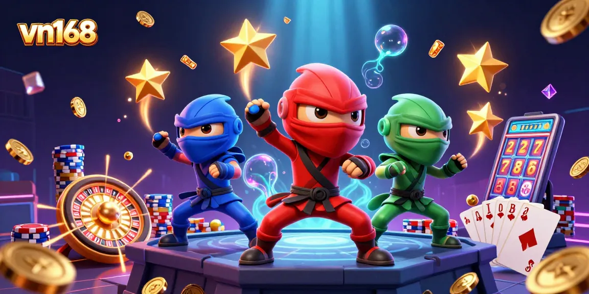 Engage with vn168's dynamic casino world, featuring vibrant ninjas and flying bonuses.