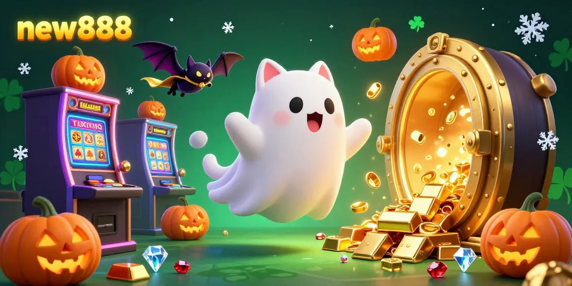 Experience the thrill of new888 with a vibrant ghost cat and vampire bat in a dynamic casino scene.
