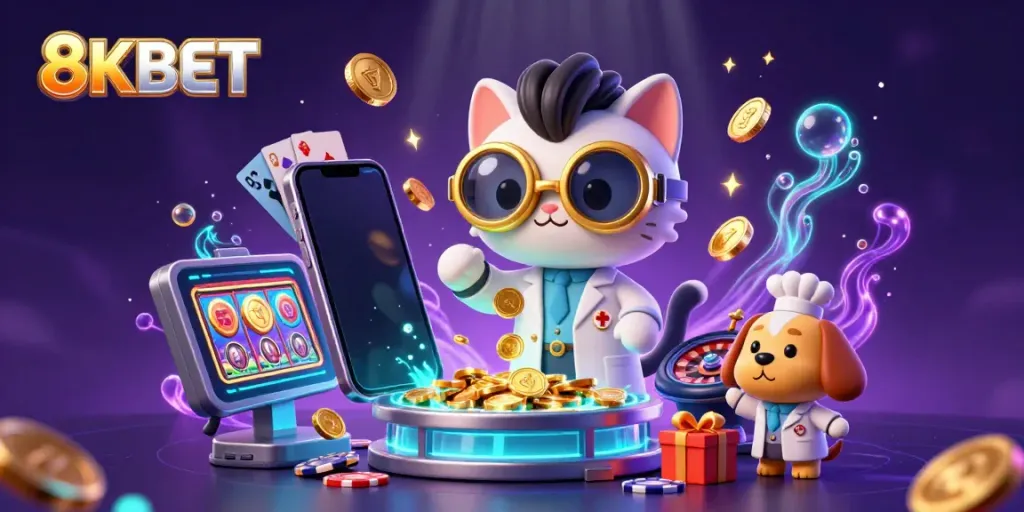 Experience thrilling casino fun with 8KBET in this colorful 3D illustration showcasing playful elements of gambling.